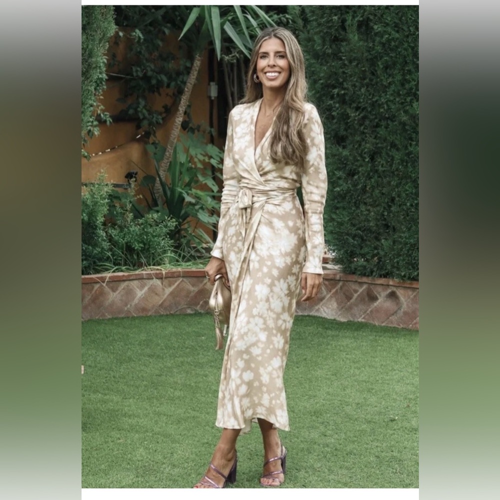 Zara Long Sleeve Wrap Midi Dress in Beige Floral